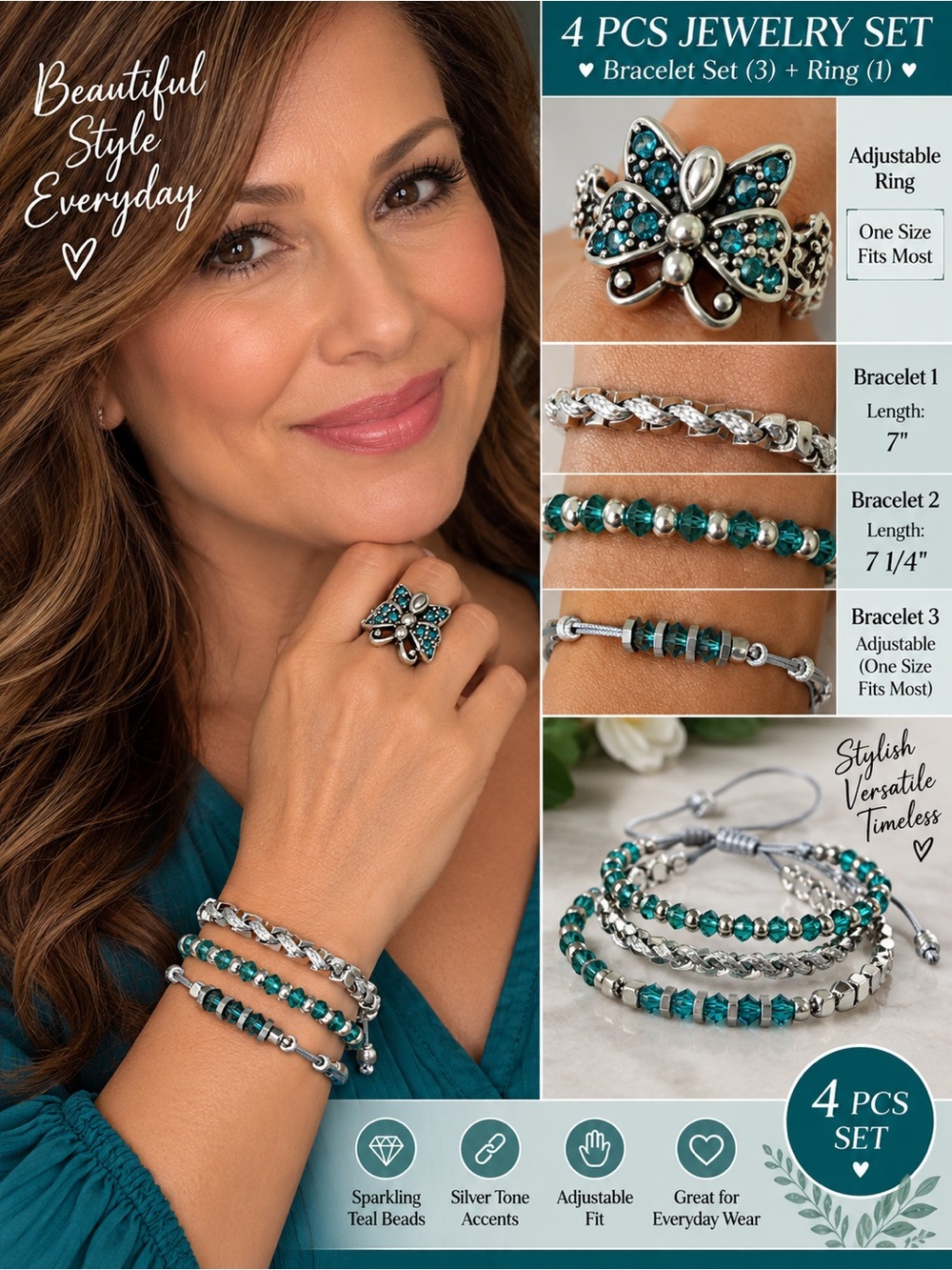 Teal Beaded 3 bracelets in 1 adjustable tie & 1 adjustable Floral Ring